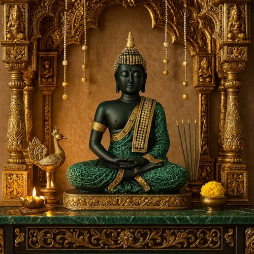 Image of Beautiful Resin Meditating Buddha Statue for Home Decor (Pack of 1, Green & Black)