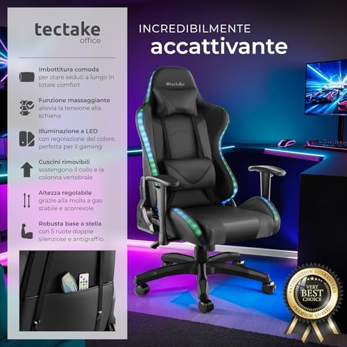 ® Sedia da Gaming, Sedia per Gamer con LED e Funzione Massaggio, Schienale e Braccioli Regolabili, Cuscino Lombare Rimovibile, Rotazione a 360°, Ergonomica, Poltrona Ufficio - Nero/Nero - Sedia gaming - Immagine 2