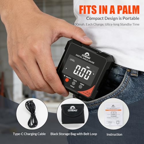 Image of 4-Side Digital Angle Finder Digital Level Magnetic Laser Gauge Rechargeable | 4-side magnetic base backlit display Compact inclinometer for woodworking table saw construction carpentry gift for men black