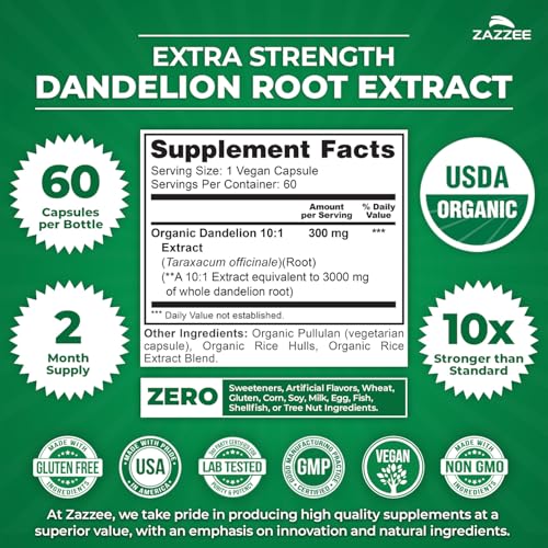 Image of Zazzee USDA Organic Dandelion Root 10:1 Extract, 60 Capsules