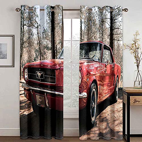 PVMLVM Rideaux Occultant pour Chambre À Coucher Salon Cuisine Oeillets Isolation Thermique Rideau Voiture Rouge des Bois 3D Imprimer Polyester Anti Froid Rideau Fenêtre 234x230cm, 2 Panneaux Cover