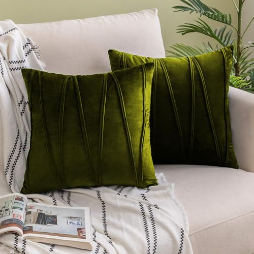 Image of Khooti Velvet Striped Cushion Cover Pack of 1-24 inchX24 inch /61X61 Cm | Mehandi | Soft Pillow Covers Cushion Case for Sofa Bedroom Living Room Chair Car, Cushion Cover with Zig Zag Pattern
