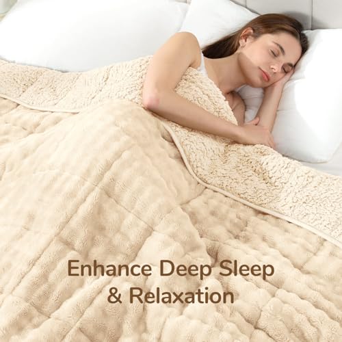 Image of Cottonblue Weighted Blanket 15lbs Bubble Fleece Plush Sherpa Heavy Weighted Blankets for Adults, Fits Queen Size Bed, Cute Fuzzy Warm Heavy Blanket for Calm and Better Sleep, 60 inchx80 inch, Beige