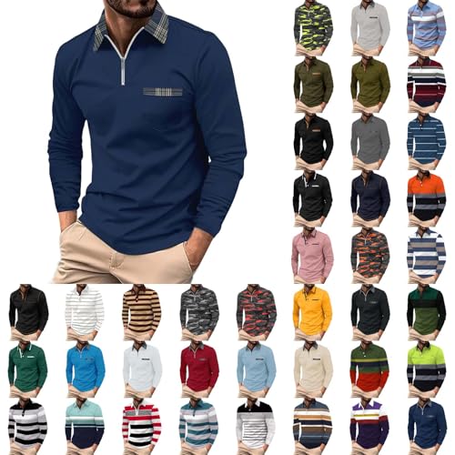 Polo de manga larga con cremallera de un cuarto para hombre, camisas polo de manga larga para hombres adultos, camisetas de algodón con retazos de color en contraste, camisetas de algodón con bolsillo