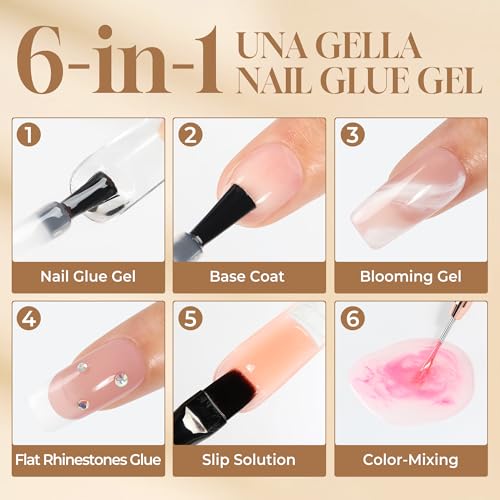 Image of UNA GELLA 6 in 1 Gel Nail Glue for Nails Tips 10ml Long Lasting U V Nail Glue Super Strong Brush On Glue for Base Blooming Gel for Clear False Nail Tips and Press on Acrylic Nails Need Light Cured