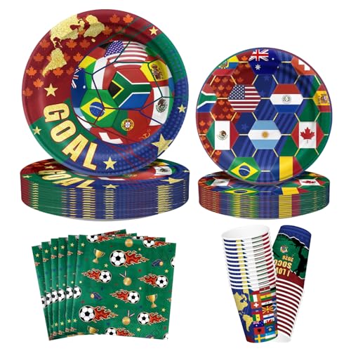 AVQOHE Soccer Party Decorations 104 PCS Soccer Party Tableware Set Plates Napkins Cups for Soccers Birthdays Party Decorations