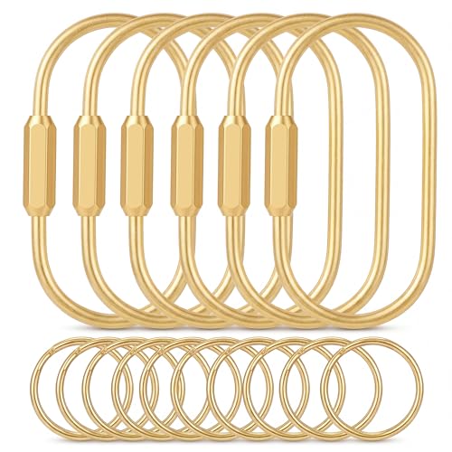 Tiezzi 6 Pack Gold Carabiner Key Ring Clip Premium Brass Screw Locking Keychain Holder for Backpacks Cute Bag Charms for Handbags & Purses Durable Key Chain Hooks Accessories for Women & Men
