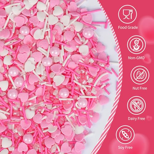 Image of Edible Heart Sprinkles,Pink White Sprinkles -130g,Edible Heart Shaped Sprinkle,Pearl,Jimmies and Sugar Crystals Mix for Baking,Light Pink Cupcake Toppers,Cake,Candy,Cookie Decorations,Donuts Ice Cream Dessert Decorating,Wedding Birthday Party Supplies