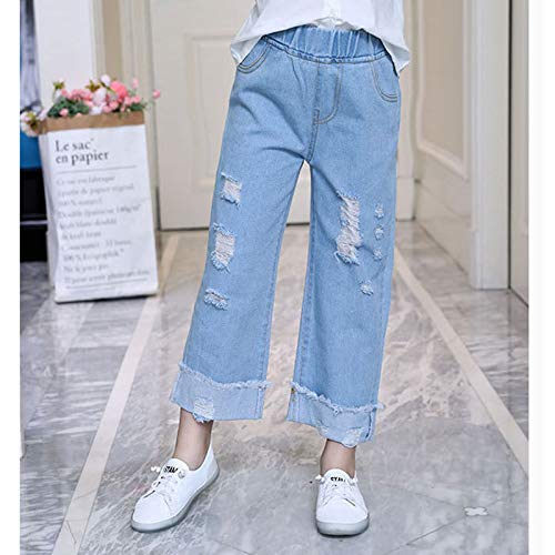 Kids Girls Soft Jeans Ripped Distressed Waistband High-Waisted Loose Straight Wide Leg Pants with Pockets2