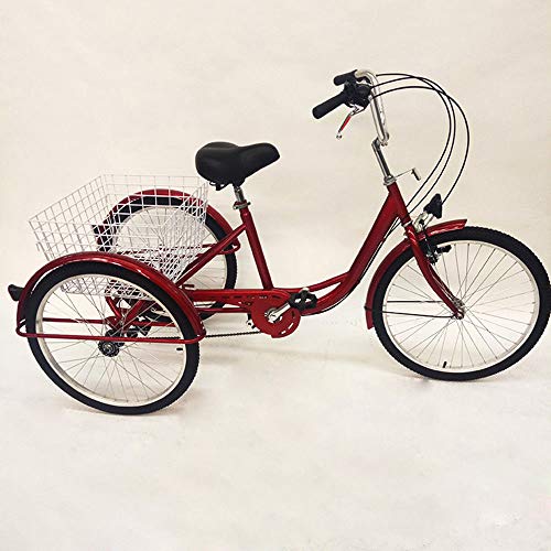 Triciclo para adultos de 24 pulgadas + luz + cesta de 6 velocidades (triciclo rojo con luces)