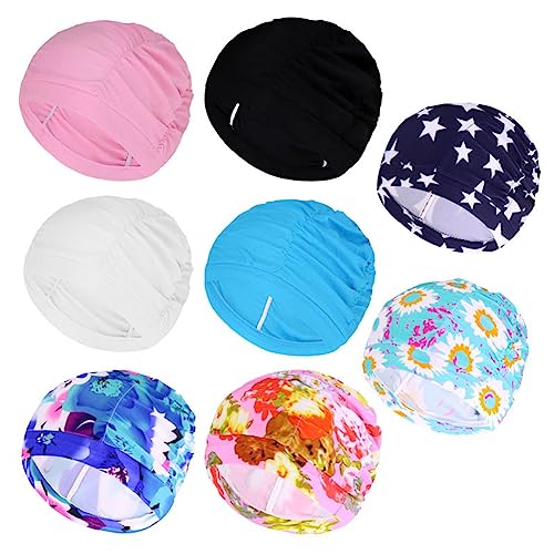 Eighosee Paquete de 8 Gorros de NatacióN de Gran Elasticidad, Talla úNica, Estampado en Color Liso, Pelo, Gorro Deportivo para Piscina, Bandana de Nailon