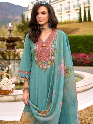 Image of INDO ERA Women's Anarkali Pure Cotton Floral Printed Embroidered Kurta & Pant with Dupatta Set (IEOUT10688)