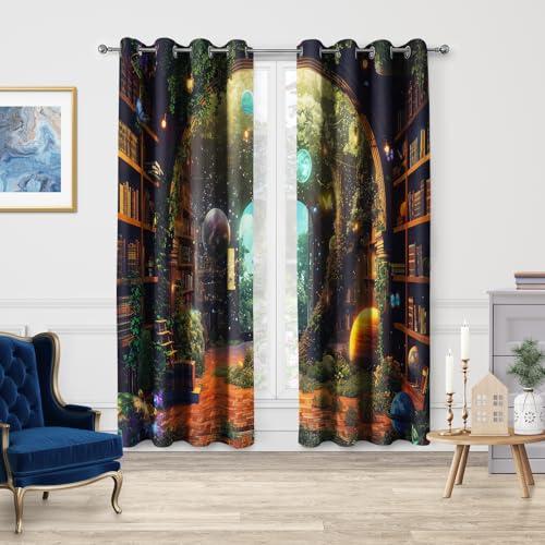 Jekeno Vintage Bookshelf Blackout Curtains Books Bookcase Mysterious Tree Flowers Planet Starry Sky Decor for Bedroom Study Classroom Living Room Darkening Grommet Window Drapes 2 Panel Set, 52"x84"