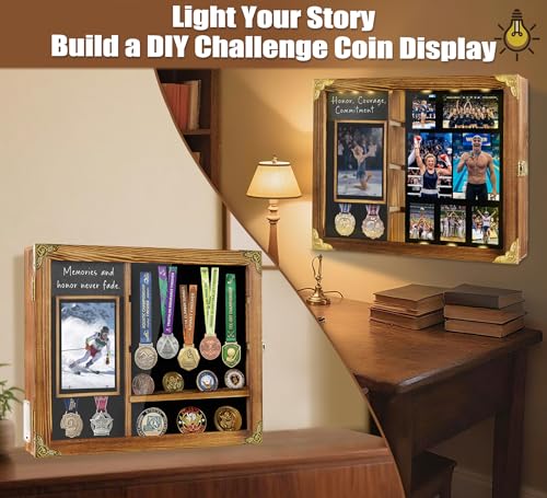 Image of Medal Display Case for Athletes, Lighted Shadow Box with Photo Frame, Wall Mount Display Holder with Removable Shelves for Medals, Challenge Coins, Memorial Gift for Achievement, Collectors, Wood