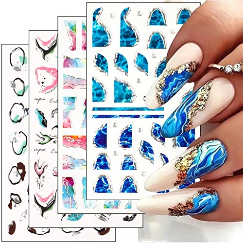 4 Sheets 5D Summer Nail Art Stickers Decals,Ocean Sea Wave Bubble Self-Adhesive Nail Sticker Marble Colorful Abstract Graffiti Design Nail Art Supplies Diy Acrylic Nail Decorations For Women (Ocean) #TOP15