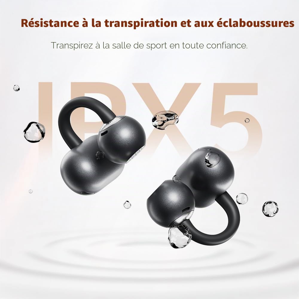 QCY Crossky C50 Écouteurs Bluetooth Ouvert, Écouteur sans Fil à Clip,Basses puissantes,Réduction de Bruit des appels,5,2g Ultra-léger et Confortables,Bluetooth 6.0, 36h autonomie,IPX5