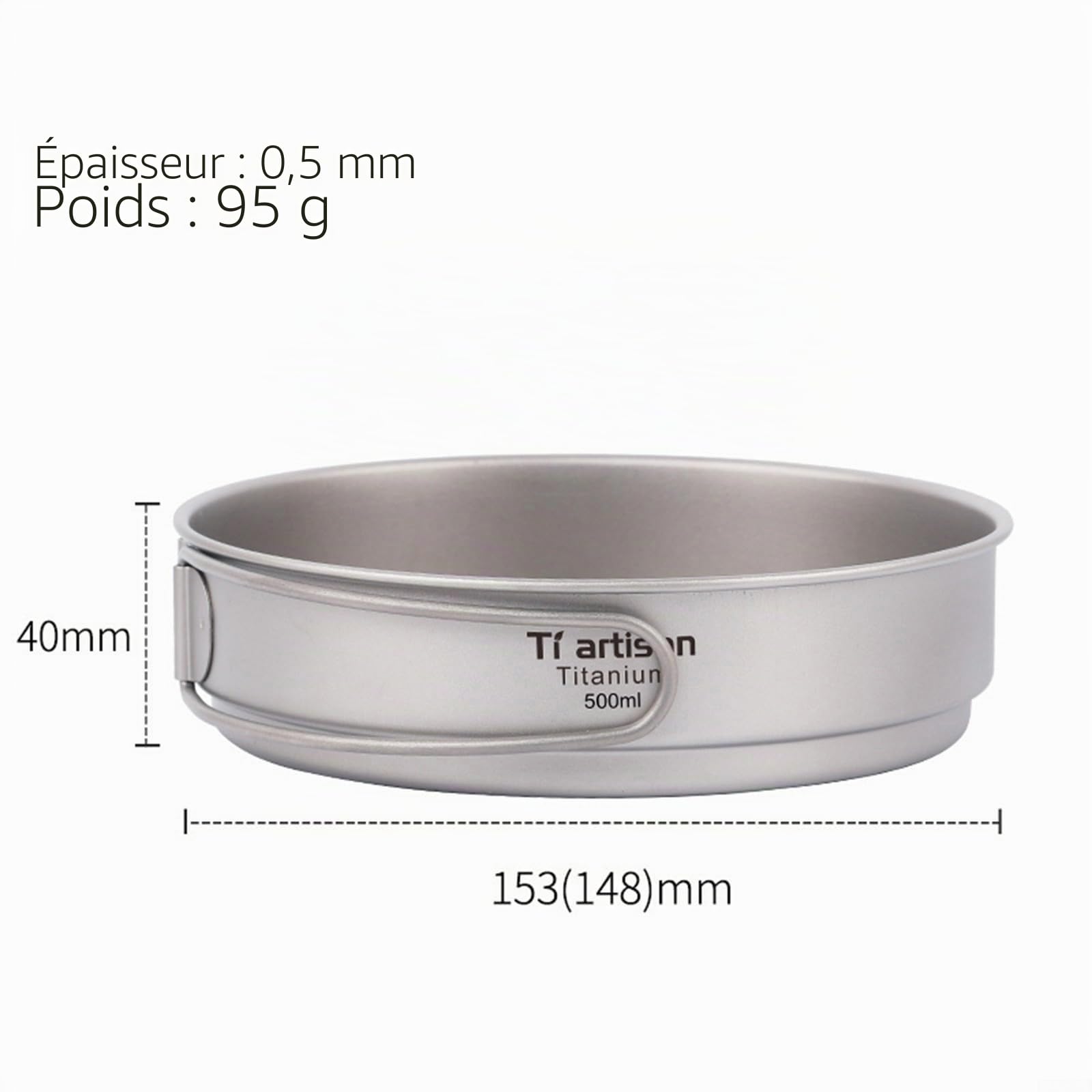 Poêle de camping en titane, poêle à frire en titane avec poignées pliables en plein air, randonnée et randonnée (500 ml)