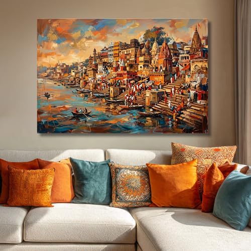 Image of Kunj Cart Premium Abstract Varanasi Ghat Painting Canvas Wall Art, Spritual Hindu God Banaras Ghat Painting Big Size Decor | Large Ganga Arti Kashi Vishwanath Artwork for Living Room, Office, Home Decoration and Wall decor (36 X 24 Inch, Unframed - LARGE)