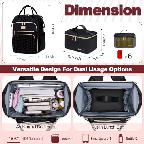 Otevan Lunch Backpack for Women,Work Backpack for Women, 15.6 inch Laptop Backpack with Lunch Bag,Teacher Nurse Insulated Lunchbox Backpack for Women, Black Upgrade, 24009 by Otevan - Used condition - Image 5