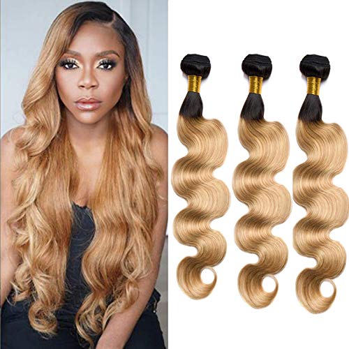 1B 27 Ombre Brazilian Body Wave Hair 3 Bundles 7A Grade Honey Blonde Dark Root Ombre Wavy Weave Human Hair Extensions 100g/pcs Unprocessed Hair (10"12"14")