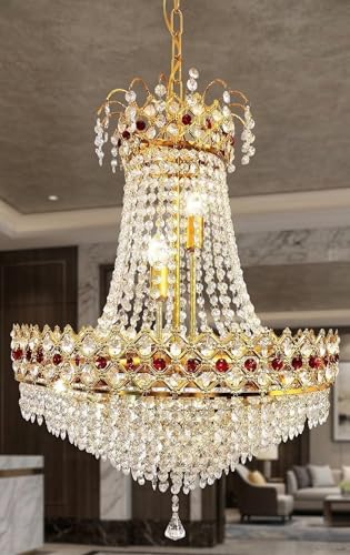 Image of ONFLOW AETERNA LUX Empire Crystal Chandelier with Ruby Red Accents - 32 inch Diameter x 45 inch Height - Elegant Gold Finish Hanging Ceiling Light for Living Room, Dining Hall, and Hotel Lobby (RED Eye)