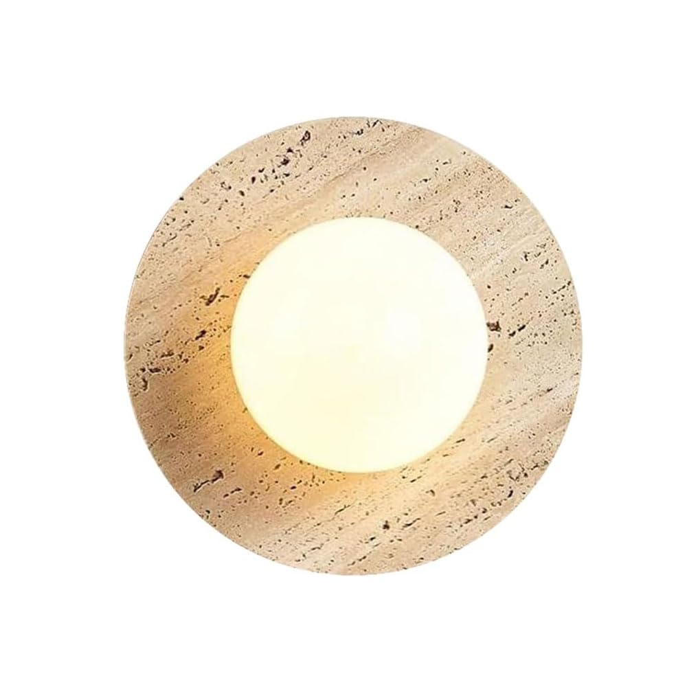 GUOGUOSM Nordic Industrial Style Natural Stone Wall Lamp, 7.8in Round Wall Light, Hard Wire Connection Yellow Travertine Wall Sconce, Living Room Entrance Corridor Decorative Light Fixtures