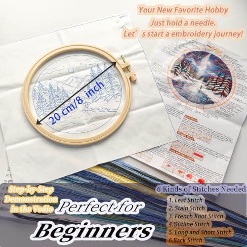 Image of FONNUY Embroidery Kit for Beginners, Boho Nature Landscape Pre-Stamped Pattern Kits for Adults with Hoop, Easy to Follow Color Thread Needlework, 8'' Hoop (Winter Night)