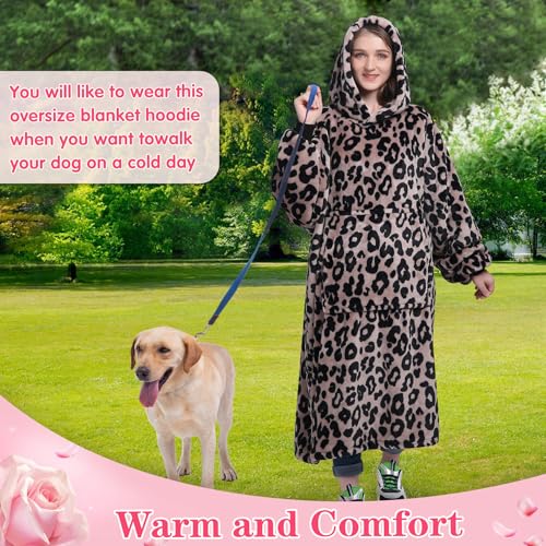 Image of Waitu Wearable Blanket Sweatshirt Gifts for Women and Men, Warm and Cozy Blanket Hoodie, Thick Flannel Hoodie Blanket, Blanket Robe for Adults and Kids - Leopard