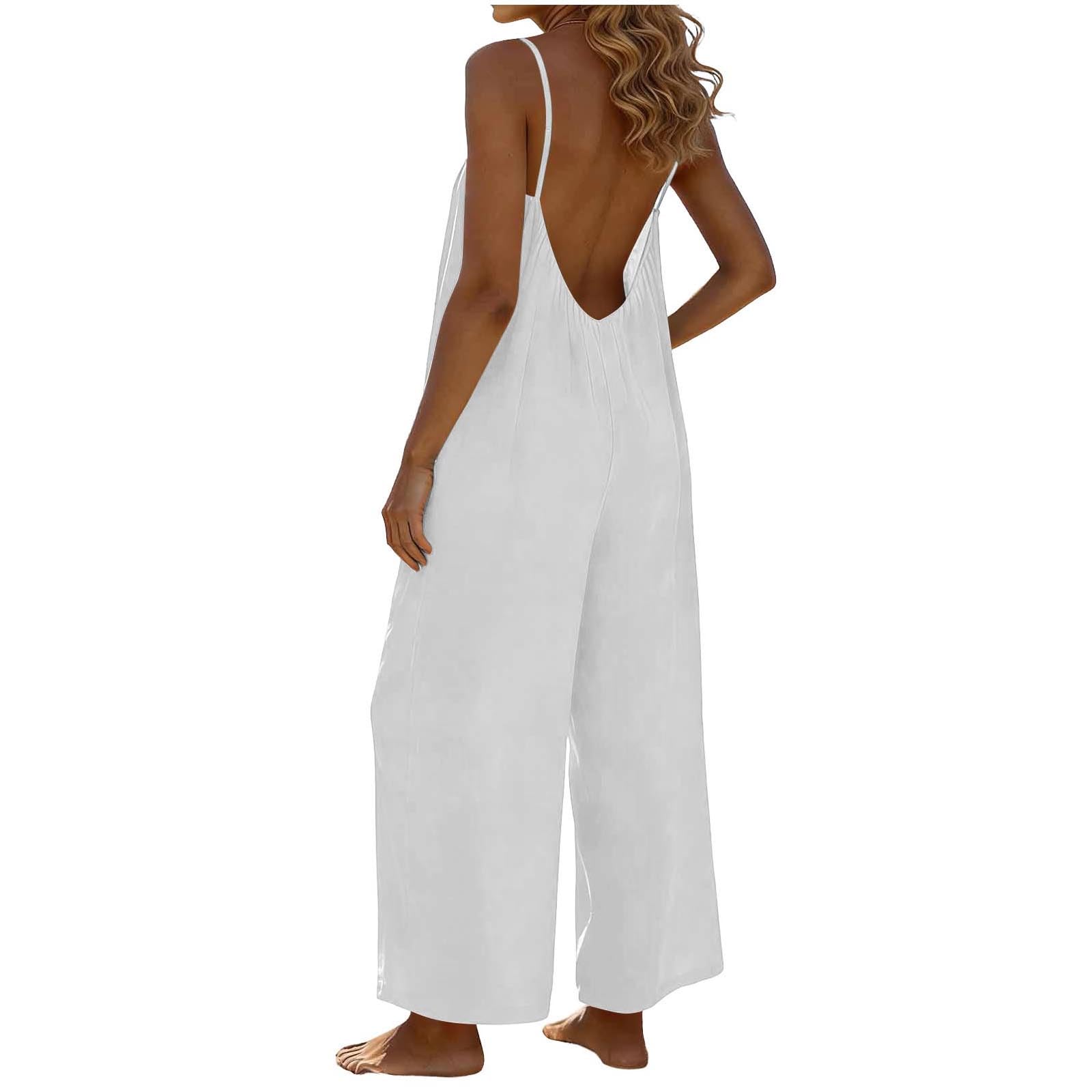 RLEHJN Jumpsuit Damen Sommer,Ärmellos Overall Lang Casual Hosenanzug Sexy V-Ausschnitt Spaghettiträger Romper Loose Fit Playsuit Elegant Einteiler Weites Bein Latzhose Freizeithose mit Taschen