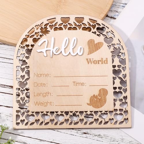 Image of Baby Announcement Sign, 5.5 Inch Wooden Birth Announcement Board Hello World Welcome Newborn Sign Arch Shape Baby Name Sign for Girl Boy Photo Prop Baby Shower Nursery Hospital