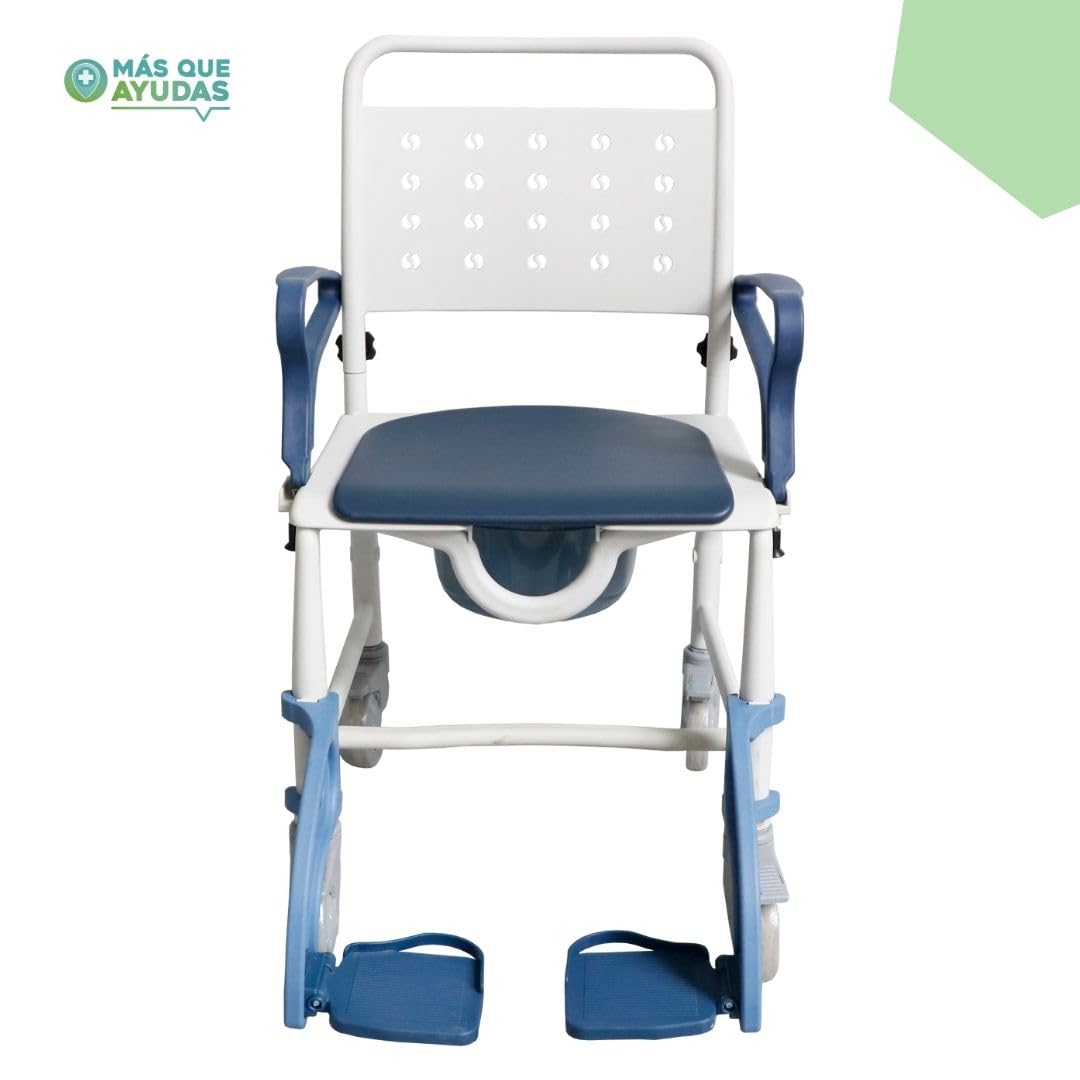 Silla de Ducha con Ruedas 3 en 1, Silla de Inodoro y Transporte para Personas Mayores, con Cubeta Extraíble, Reposapiés y Reposabrazos Abatibles, Asiento Ergonómico