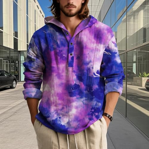 Tie Dye Hoodies for Men Loose Fit Long Sleeve Hooded Shirts Casual Henley Neck Button Lightweight Fall Pullover Tops2