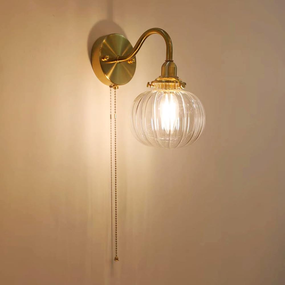Applique Murale en Verre Style Citrouille Nordique, Finition Laiton Antique Moderne, avec Interrupteur à Tirette, luminaire décoratif d'intérieur rétro doré, culot E14, glob