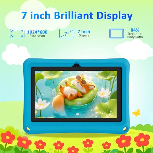 Image of Kids Tablet 7 inch Android 12.0 for Toddler, 4GB RAM 32GB ROM Bluetooth IPS Screen Parental Control Dual Camera Shockproof Case for Educational Games (Blue)