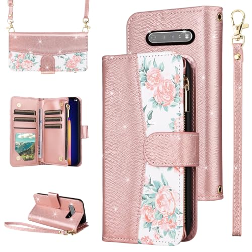 Furiet for LG V60 ThinQ V60ThinQ 5G G9 Thin Q Floral Wallet Case Flip Zipper Purse Wrist Strap Shoulder Strap, Luxury Glitter Card Holder Stand Phone Cover for LGV60 V 60 60ThinQ 60V Women Rose Gold