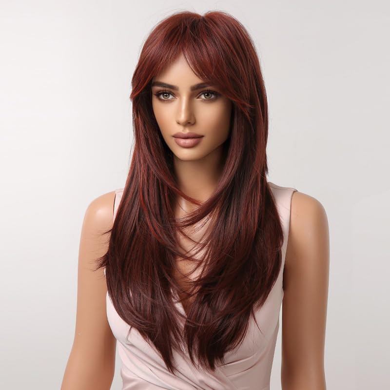 LANOVA Chotolate Brown with Blonde Highlights Straight Wigs,Long Layered Brown Wig for Woman,Balayage Face Franming Wig with Curtain Bangs LANOVA-294