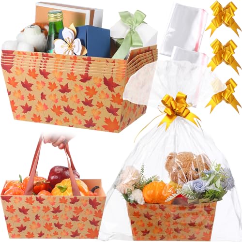 Funnymoom 6 Pack Fall Basket For Gifts Empty With Cellophane Bags Pull Bows Fall Maple Leaf Paper Basket Orange Autumn Gift Box For Autumn Thanksgiving Party Favors, 9.8 X 6.5 Inch