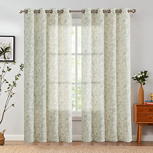 Vangao Farmhouse Linen Curtains 84 Inches Long For Living Room Bedroom Green Vintage Floral Printed On Beige Light Filtering Window Drapes Grommet Top 2 Panels #TOP1