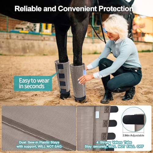 Image of Mesh Horse Fly Boots Set of 4, Loose Fitting Leggings for Horses, Reduce Stressful Stomping, Breathable Adjustable and Universal Fit for 4 Legs, Reliable Stay Put (Camel)