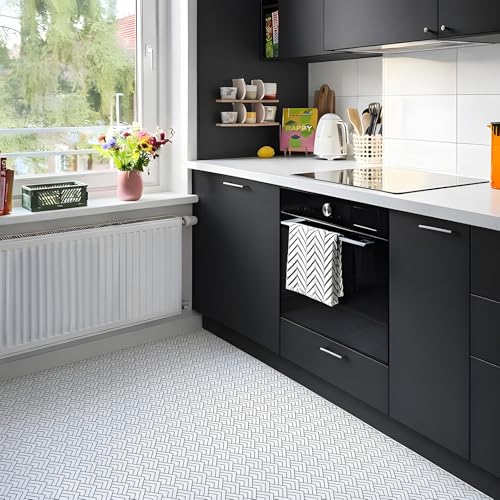 Alwayspon 12 pegatinas autoadhesivas de vinilo para baldosas de suelo, resistentes al agua, para baño, cocina, dormitorio, suelo, pared, color blanco y negro