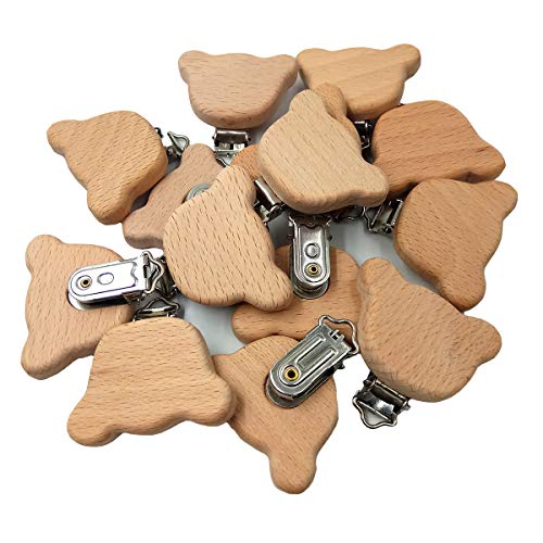 Arakierst 20pcs Natural Wood Suspender Pacifier Clips Cute Beech Wooden Animal Bear Shape Clips Charm DIY Beading Pacifier Chain Accessory