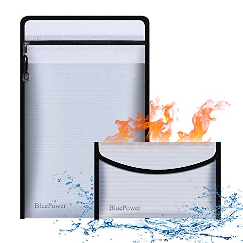 BluePower Fireproof Document Bag, 2 Pack Non-Itchy Silicone Coated File Storage, Waterproof File Holder with Zipper for Money, Documents, Jewelry, Passport,Envelope Box (15X11inches & 7"x9")