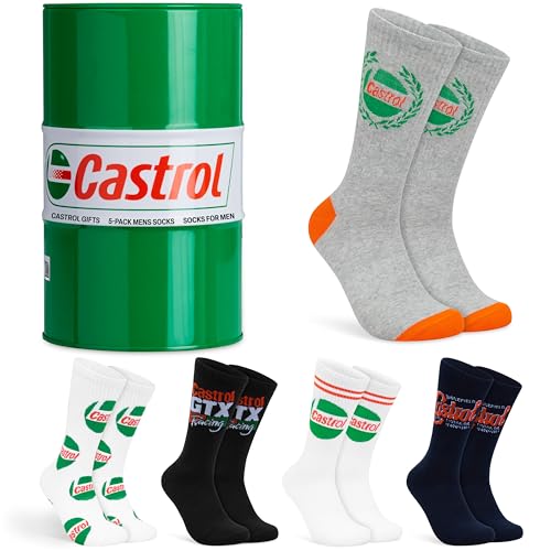 Image of Get Trend Castrol Socks for Men, Teens, 5 Pairs of Soft, Breathable, Crew Socks in Collectible Tin, Gift Set for Motorsport Fans, Gifts for Men