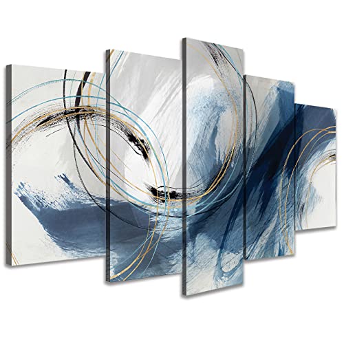 Cuadro abstracto azul de 5 piezas para salón en lienzo geométrico grande