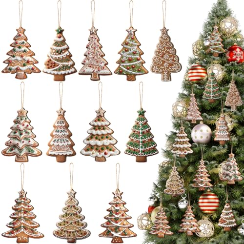 Suzile 36 Pcs Christmas Gingerbread Tree Ornaments Set Wooden Christmas Hanging Decoration Green Xmas Tree Crafts Indoor Decorative Gingerbread Pendant for Xmas Winter Home Wall Holiday Supplies