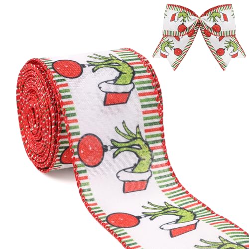 Christmas Ribbon for Tree Red Green Funny Xmas Cartoon Character Ribbons Wired Bell Fabric Ribbon Gift Wrapping DIY Craft Wreath Bows Making Xmas Tree Decor Party Decoration 10 Yards x 2.5inch