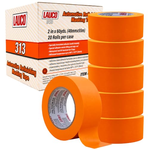 LAUCO Orange Automotive Refinishing Masking Tape 2 in x 60 yd (20 Rolls) – Autobody Painters Tape, UV, Moisture &amp; Heat Resistant, No Residue, Multi-Purpose Bulk 19542