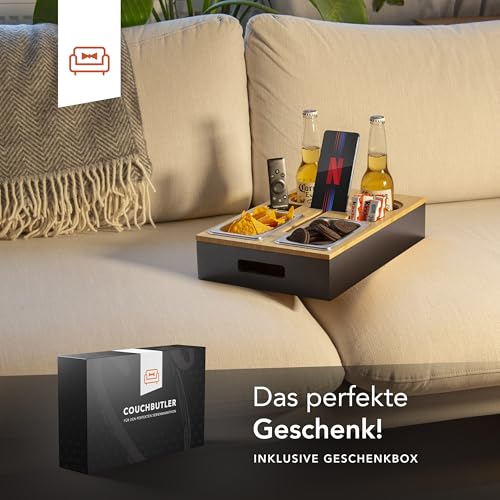Couchbar Snackbox Personalisierbar aus Bambus inkl. Geschenkbox | Sofa Tablett mit 2 Snackschalen, 2 Getränkehalter mit Untersetzer, magnetischer Deckel, Handyhalterung (Schwarz, Ohne Gravur)