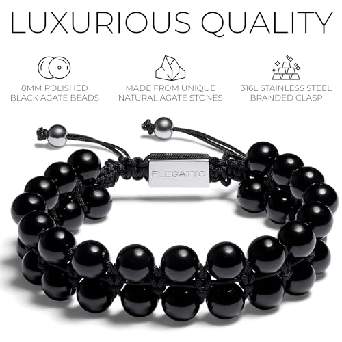 Elegatto GenBlack Premium Black Agate Beaded bracelet for Men | Unique Stones with Silver Polished Stainless Steel Clasp | Men’s Designer Bracelets | One Size (Adjustable)3