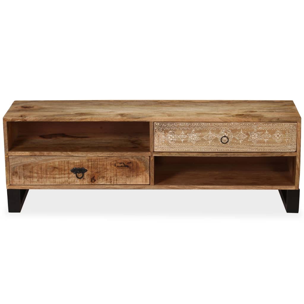 Mobile Porta TV in Legno Massello di Mango 120x30x40 cm con 2 Cassetti e Ripiani, Credenza Rettro Dipinta a Mano per Soggiorno, Mobile Hi-Fi con Gambe in Acciaio